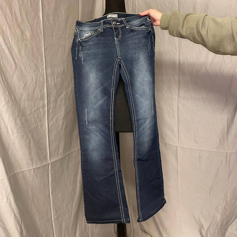 Soundgirl Vintage Y2K Dark Blue Boot Cut Jeans with Embroidered Sequin Pockets - Picture 2 of 13